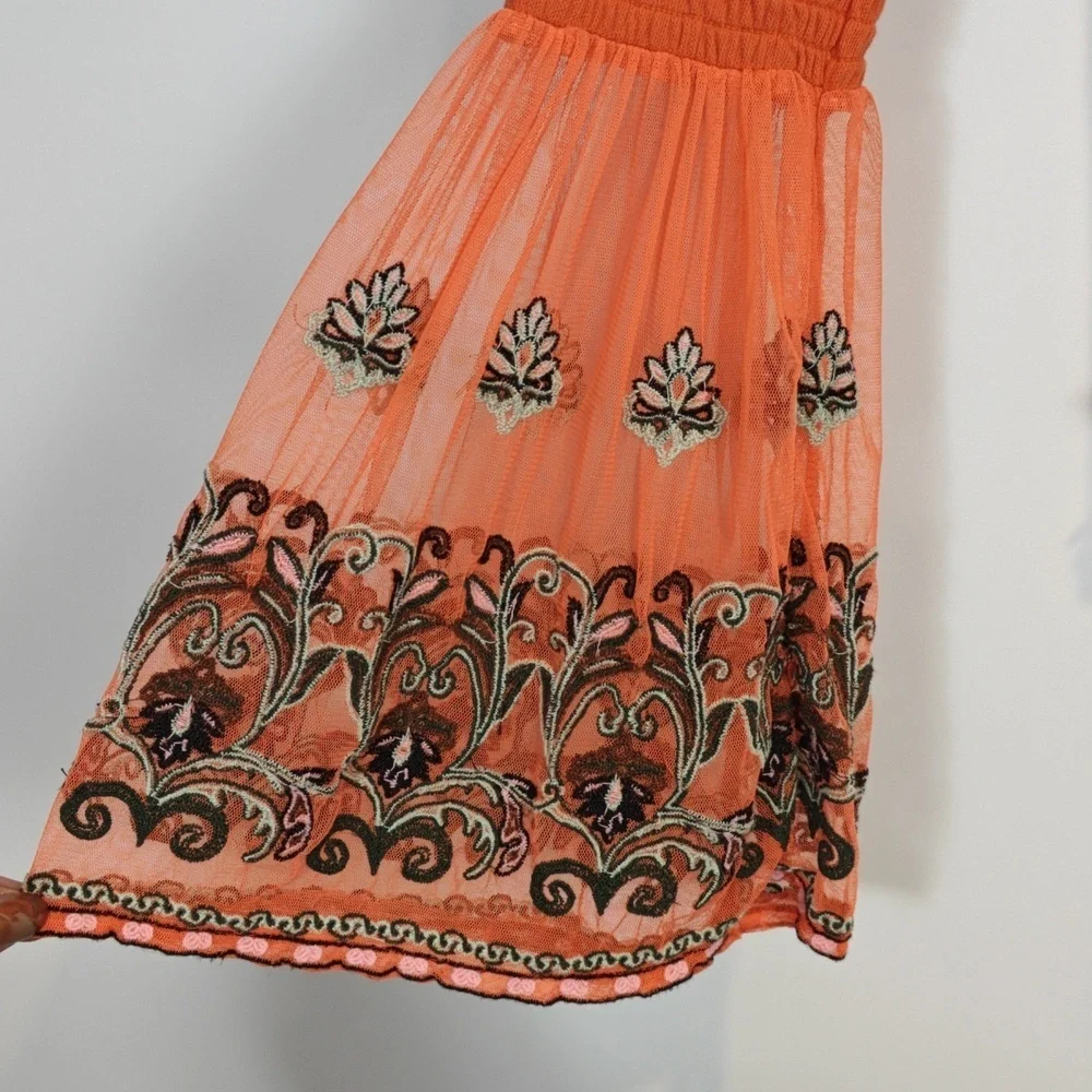 FREE PEOPLE  High Tides Embroidered Flare Sleeve Top Orange Boho XS